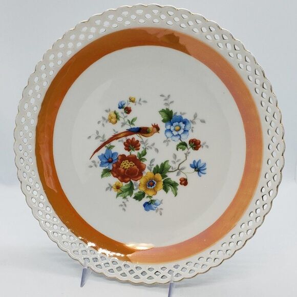 Bavaria Schumann Vintage Reticulated Edge Orange Lustre Bird Floral Decor Plate - Picture 9 of 11